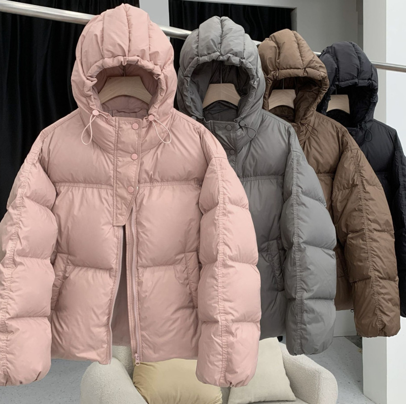 Fashion Hooded Short down Jacket with Three-Button Design for Women, Pink and Light Gray