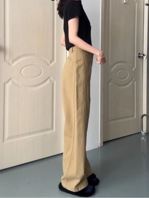 大码美式复古卡其色弯刀牛仔裤女秋季设计感胖mm宽松阔腿直筒长裤|undefined