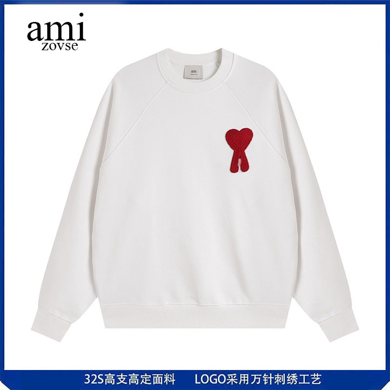 Ami&Zovse Large Heart Logo Embroidered Round Neck Sweatshirt Couple Style Loose Heavyweight Fine Cotton High-Quality Men's Top