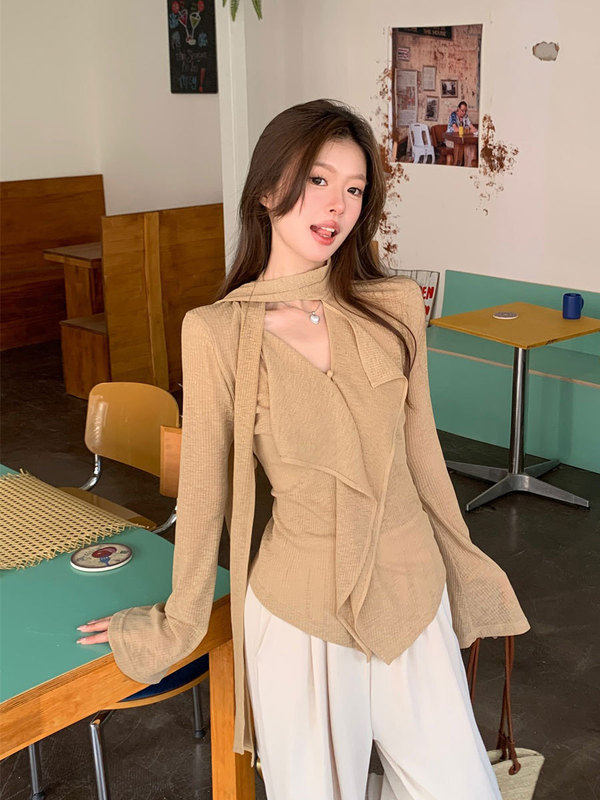衬衫女设计感小众V领长袖飘带针织衫收腰显瘦百搭慵懒感上衣秋装|undefined