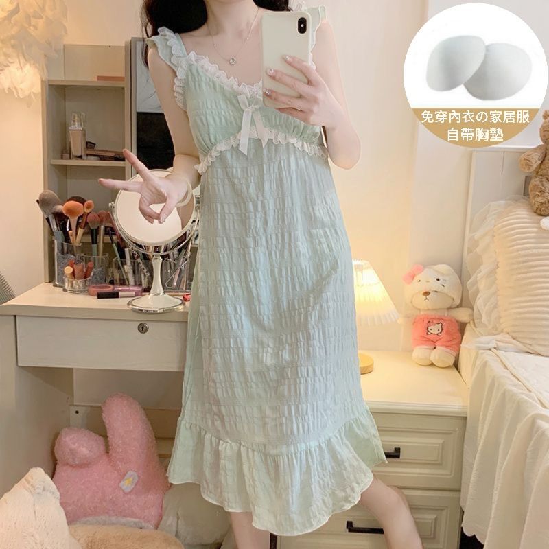 Camisón con almohadilla para el pecho falda de tirantes para mujer de verano nube algodón fino encaje dulce pijama de longitud media color sólido transfronterizo