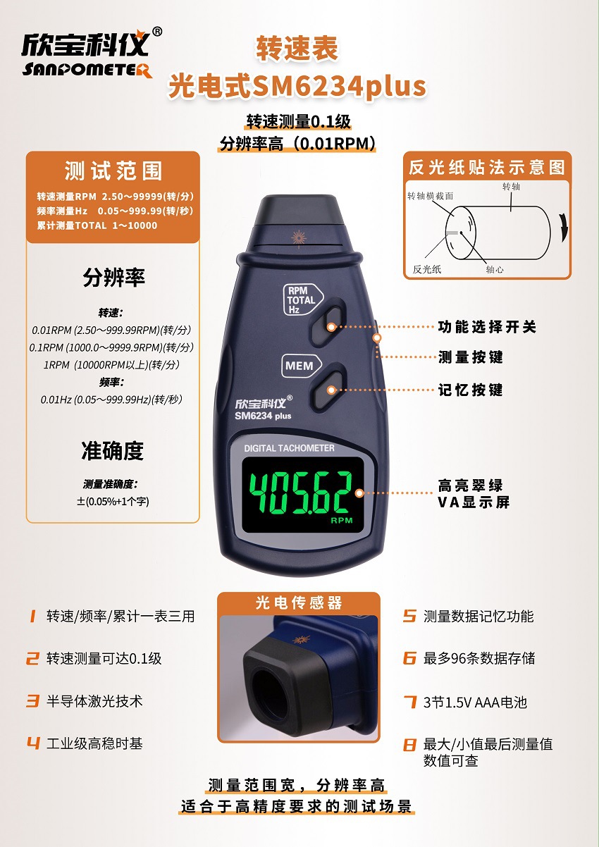 Xinbao SM6234plus high precision photoelectric tachometer SM6236plus photoelectric dual-purpose speed tester