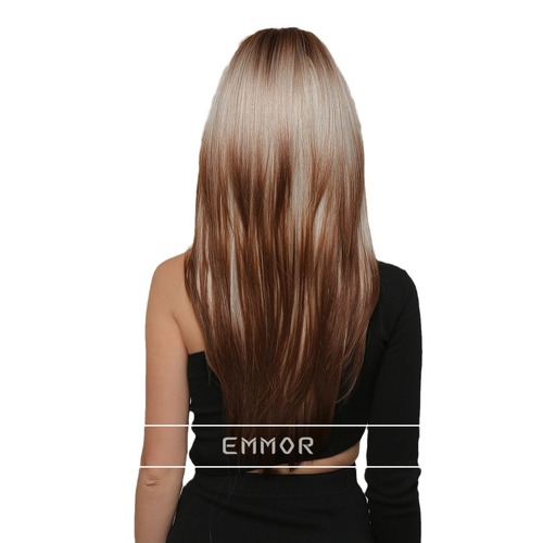 European and American new natural wig for women, middle-parted eight-character bangs, gradient dyed brown long straight hair, full headpiece wig