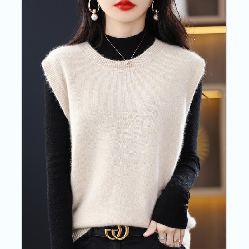 Cross-Border 2023 New Autum Women's Round Neck Sleeveless Loose Large Size Knitwear Vest Vest Knitted Vest for Women