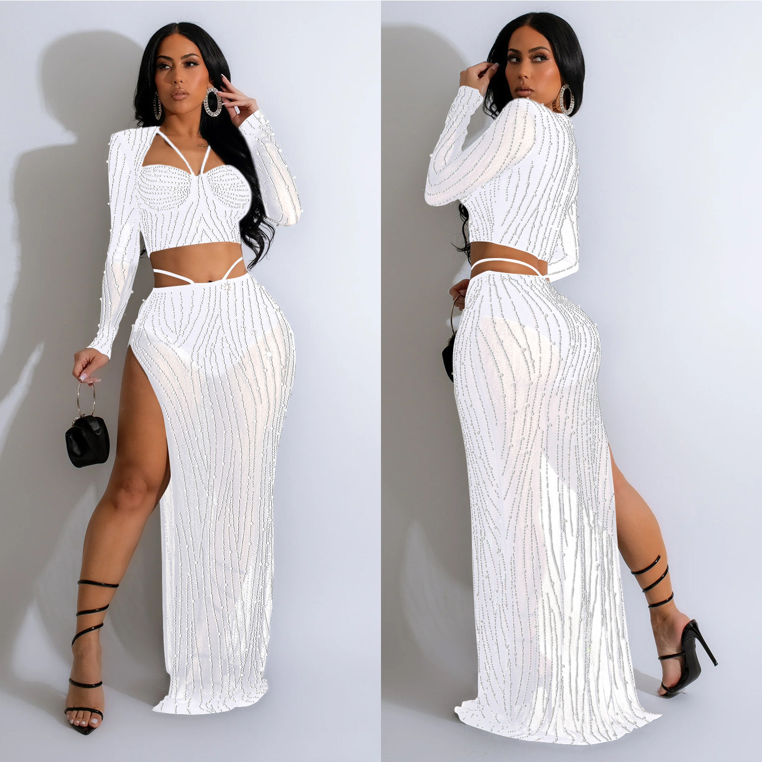 C6861 transfronterizo AliExpress Amazon europeo y americano moda ropa de mujer color sólido malla rhinestone manga larga vestido de dos piezas conjunto