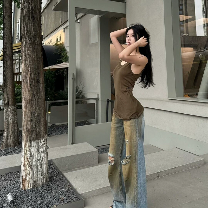 Американский ретро карри цвет слон камзол женский летом носить тонкий, чтобы показать худой и чистый острый блузка без рукавов