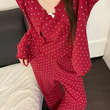 春季仿棉喜庆新年红纯欲爱心吊带睡衣女开衫家居服三件套