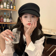 秋冬澳洲羊毛军帽女显脸小光板简约百搭不对称八角帽毛呢贝雷帽子