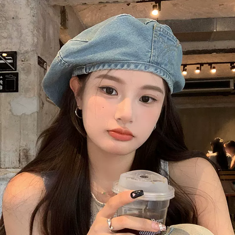 感帽子牛仔贝雷帽女夏季水洗做旧韩系复古大头围显脸小八角蓓蕾帽