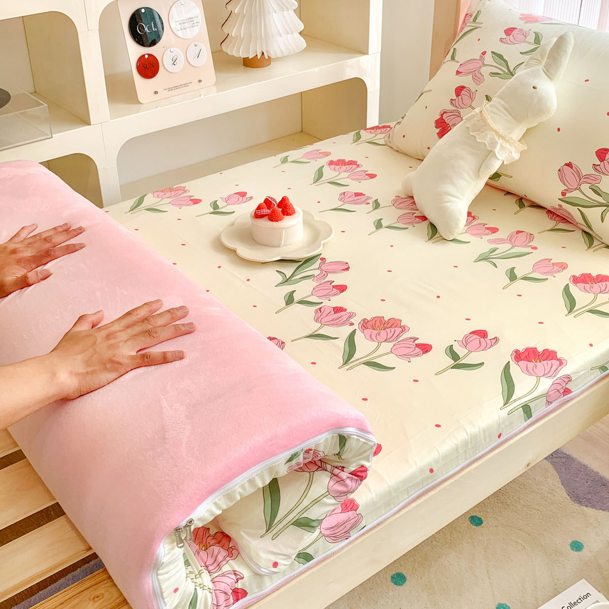 Colcha de cama de algodón de una sola pieza cubierta de cama individual de algodón para dormitorio de estudiantes cubierta protectora de colchón para niños con todo incluido disponible de doble cara