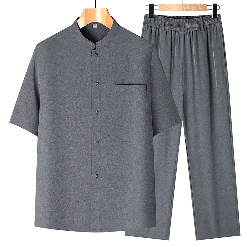 Summer Men's Ice Silk Tang Suit Short-Sleeve Set, Middle-Aged and Elderly Father's Clothing, Chinese Style Stand Collar, Loose Fit, Thin Casual Two-Piece Set