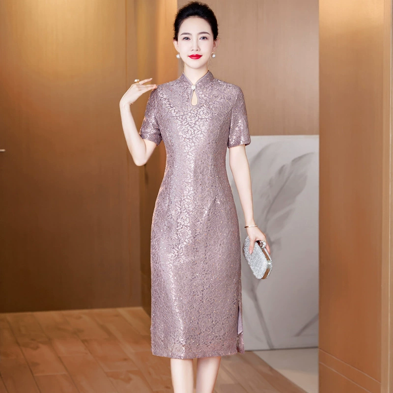 Темперамент минималистичный летний средний и пожилой новый чонсам платье тонкое и тощее, высококачественное банкетное улучшенное платье чонсам