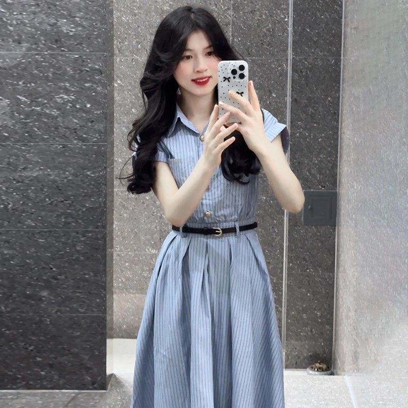 Korean-Style College-Style Shirt Dress for Women, Unique and Beautiful Waist-Cinching Dress, Summer 2026 New Style, Waist-Cinching Long Dress