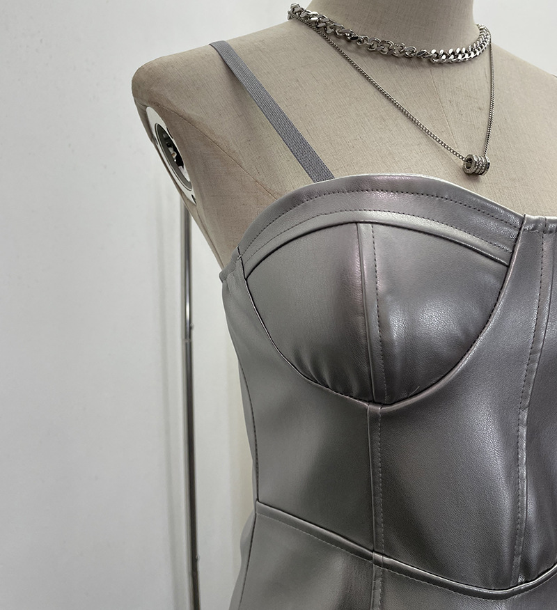 Real Shot Sexy Sling Sheath A line Faux Leather Waist Slimming Short Chest Pad Dress