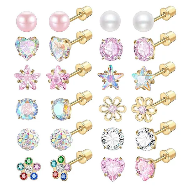 New European and American Hot-Selling Stainless Steel Heart-Shaped Flower Five-Pointed Star Zircon Bullet Head Stud Earrings Set