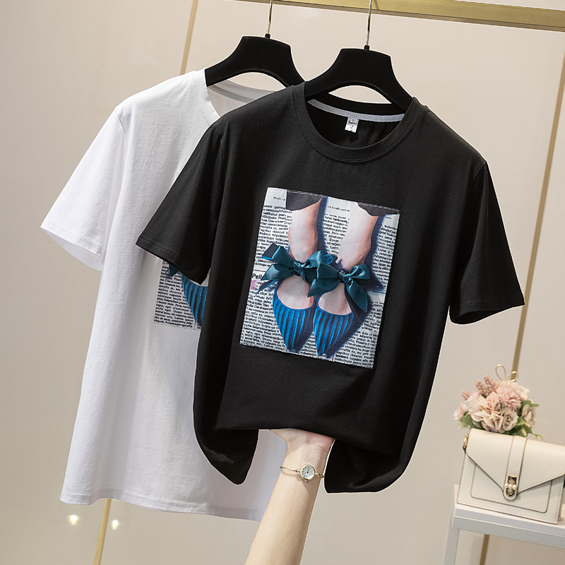 2021 new pattern Large Women's wear pure cotton Short sleeved T-shirt mm printing Easy Korean Edition ins Chao round collar jacket
