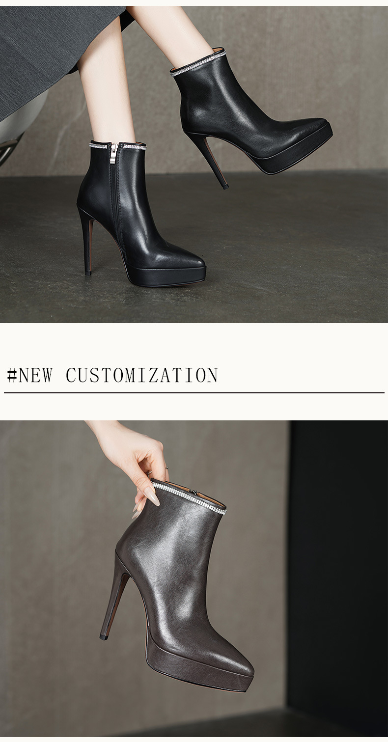 Boot nữ mũi nhọn gót nhọn 12 cm cổ thấp phong cách sàn diễn — đen, màu nâu nhạt chi tiết 4