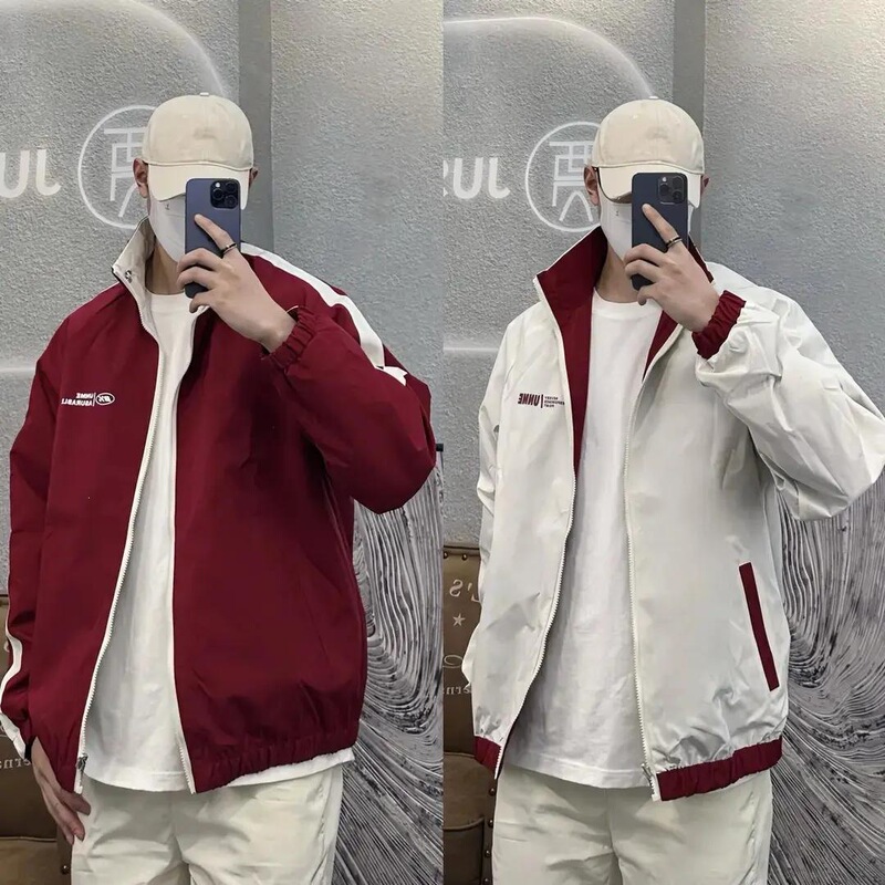 Spring and autumn waterproof jacket, reversible design, high-quality, loose fit, versatile, suitable for couples, casual style, stand-up collar, color-blocked jacket Spring and autumn waterproof jacket, reversible design, high-quality, loose fit, versatile, suitable for couples, casual style, stand-up collar, color-blocked jacket