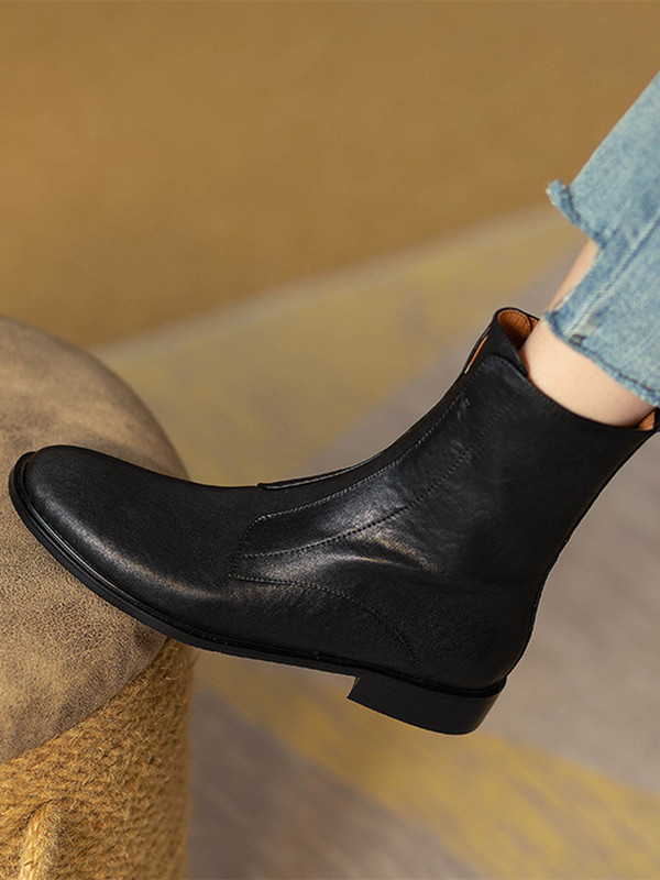 Genuine Leather Mid-Calf Short Boots for Women 2025 Autumn and Winter New Thin Velvet Round Toe Side Zipper Flats Boots European and American Slim Boots