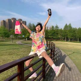 港风复古油画短袖花衬衫女夏季宽松夏威夷衬衣潮牌法式高级感上衣