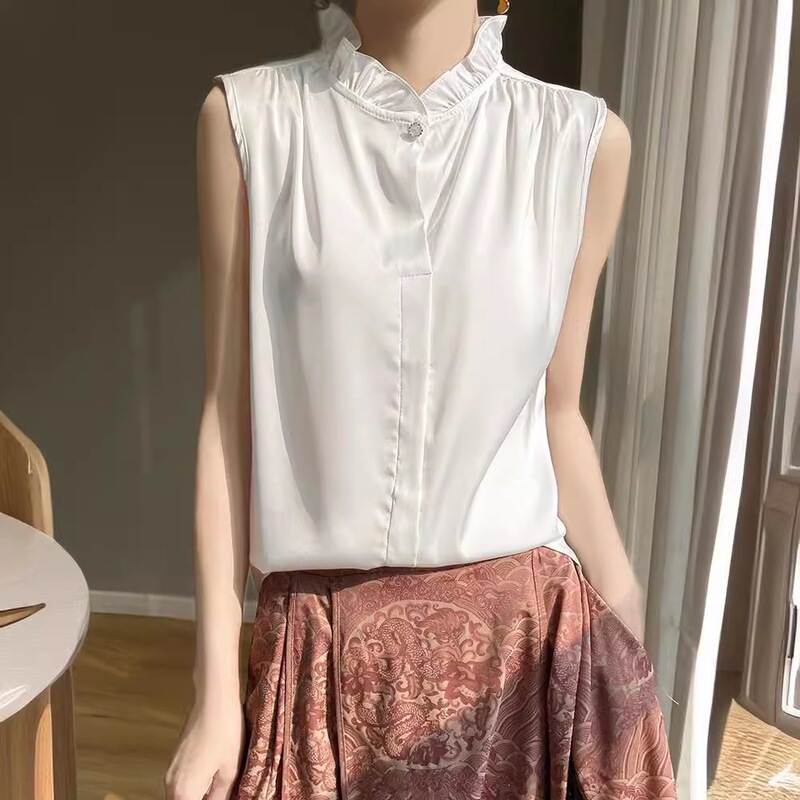 Elegant Lace Collar Sleeveless Solid Color Single-Button Vest Silky Satin Slim-Fit Spring-Summer Thin Shirt for Women