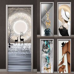 2F輕奢麋鹿入戶門貼紙整張自粘遮醜裝飾玄關衛生間玻璃門貼畫牆貼