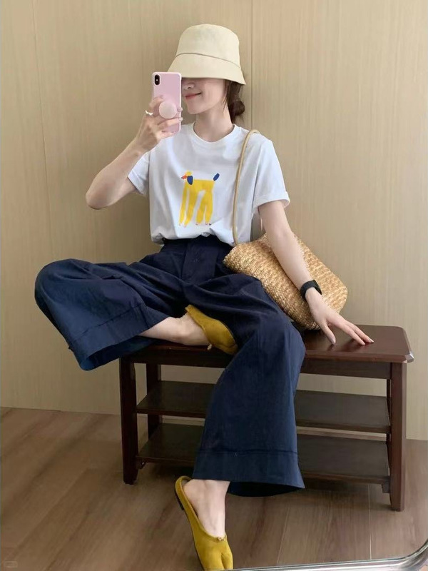 2025夏季新款韩系穿搭慵懒风短袖T恤上衣搭配阔腿裙裤两件套女潮|undefined