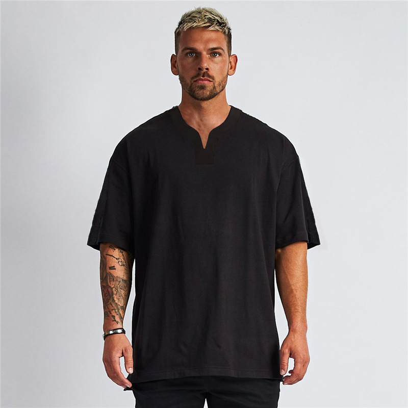Oversized Plus Size Blank Loose Bodybuilding and Fitness Short-sleeved T-shirt Men's Small V-neck Trendy Men's Half-sleeved Shirt