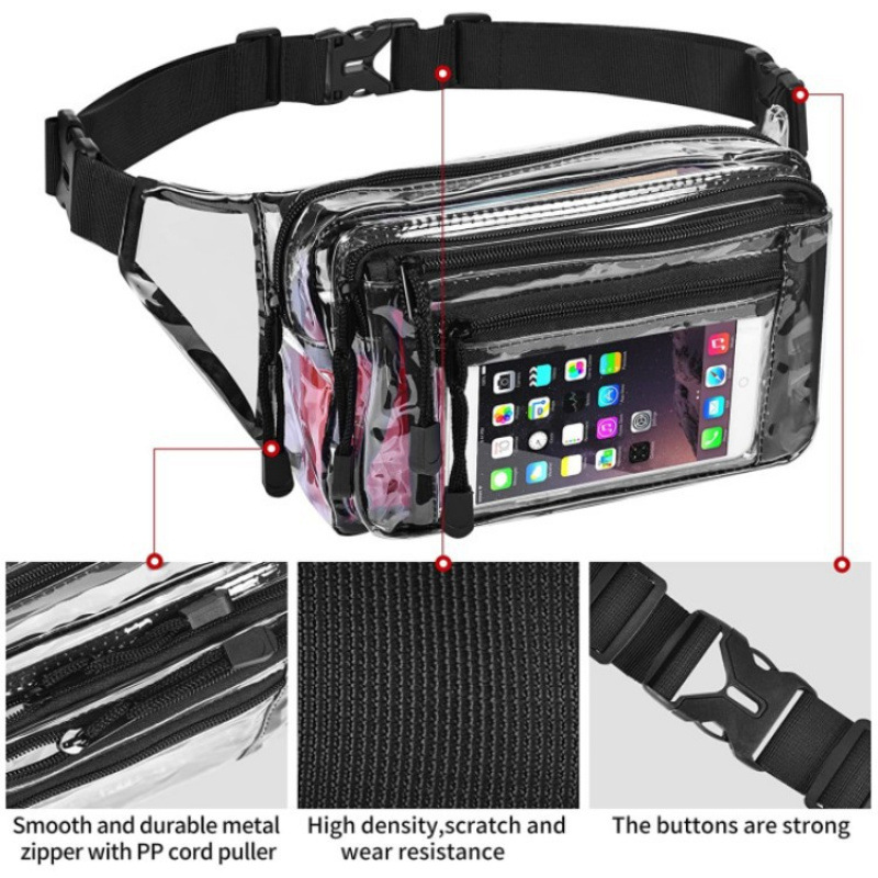 Bolsa de cintura transparente multifuncional al por mayor en el sitio para viajes de trabajo y actividades deportivas Bolsa transparente negra