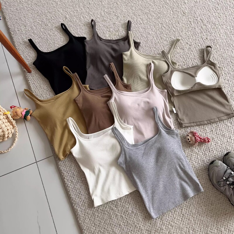 Korean Brand 6612 Threaded Square-Neck Camisole for Women, Summer Style with Built-In Chest Pads, Morandi Color, Short Slim-Fit Sleeveless Top