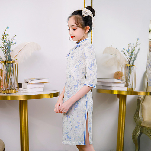 Cheongsam qipao for girlscheongsam blue collar of the girls vents of dress tide van modified cheongsam of the girls