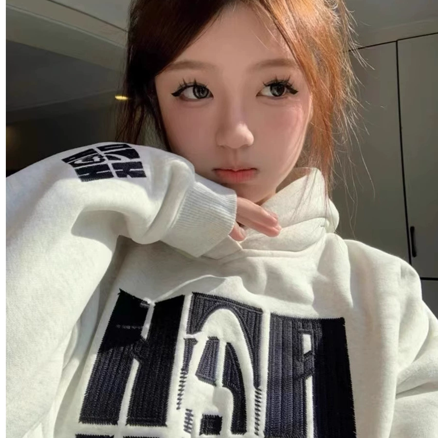 330g хлопчатобумажная вышивка с капюшоном свитер женский 2024 осень и зима новая бархатная толстая свободная ленивая куртка