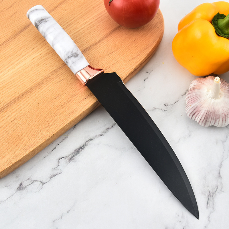 Acero inoxidable pintado chapado en oro rosa cabeza oblicua marbling mango blanco de seis piezas caja de regalo traje cortador