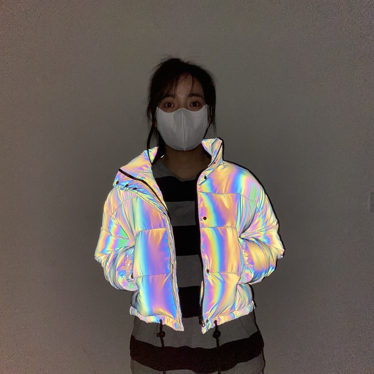 Men's Clothing stand collar reflective cotton coat for women fashion luminous thick cotton coat_voghion.com