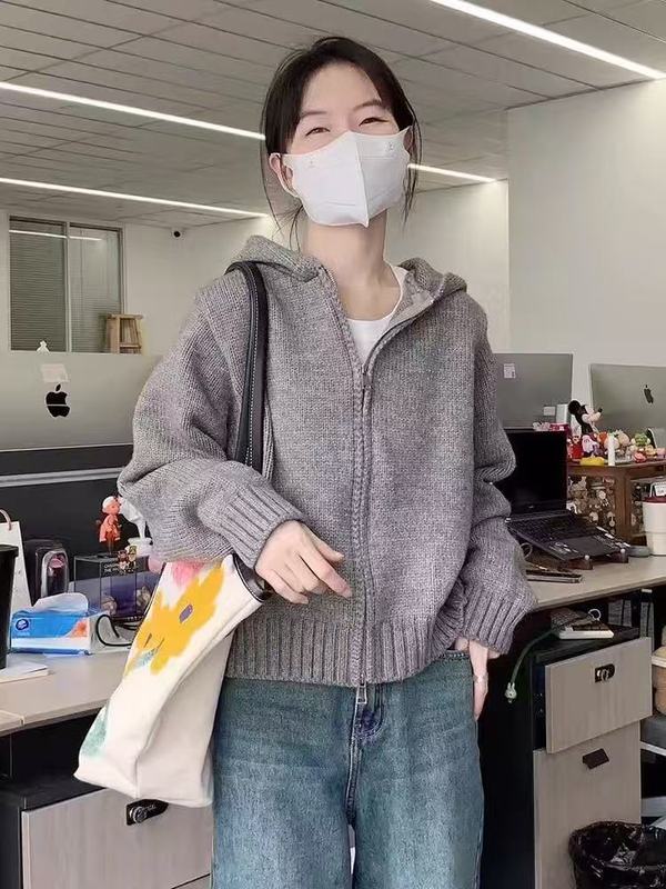 100%羊毛衫女秋冬连帽慵懒宽松双拉链针织衫毛衣外套短款开衫上衣|undefined