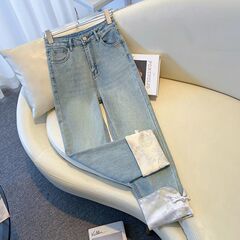 新中式風ナローフィットストレートジーンズ レディース 春2025新作 パッチワーク フリル付き バックル刺繍入り シガレットパンツ
