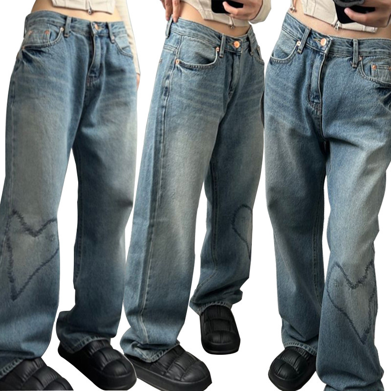 Women's Clothing Vintage Floral Print Low-Rise Wide-Leg Jeans For Women – Plus Size Comfort & Retro Style_mkmklike.com