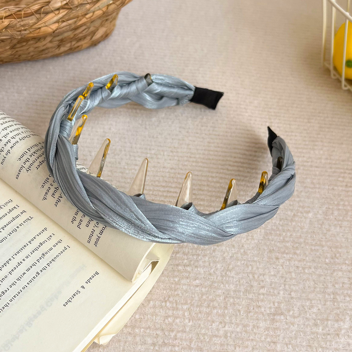 Blue gray pearlescent yarn twist headband