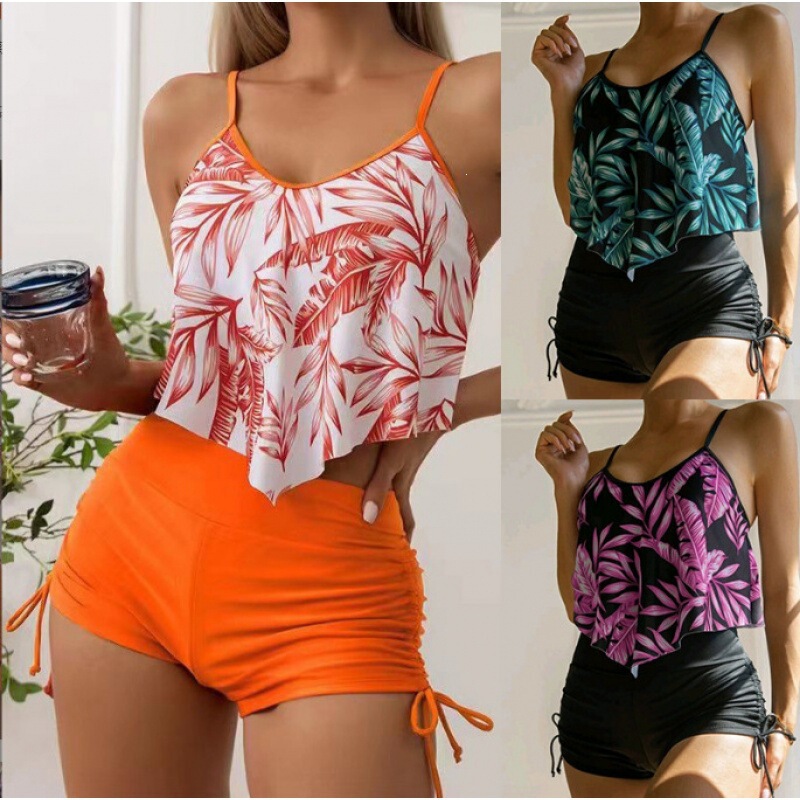 【New European and American Style Swimwear for Women】Printed Multi-Color Large Ruffle Bra with Drawstring Boxer Shorts Amazon Cross-Border Swimwear