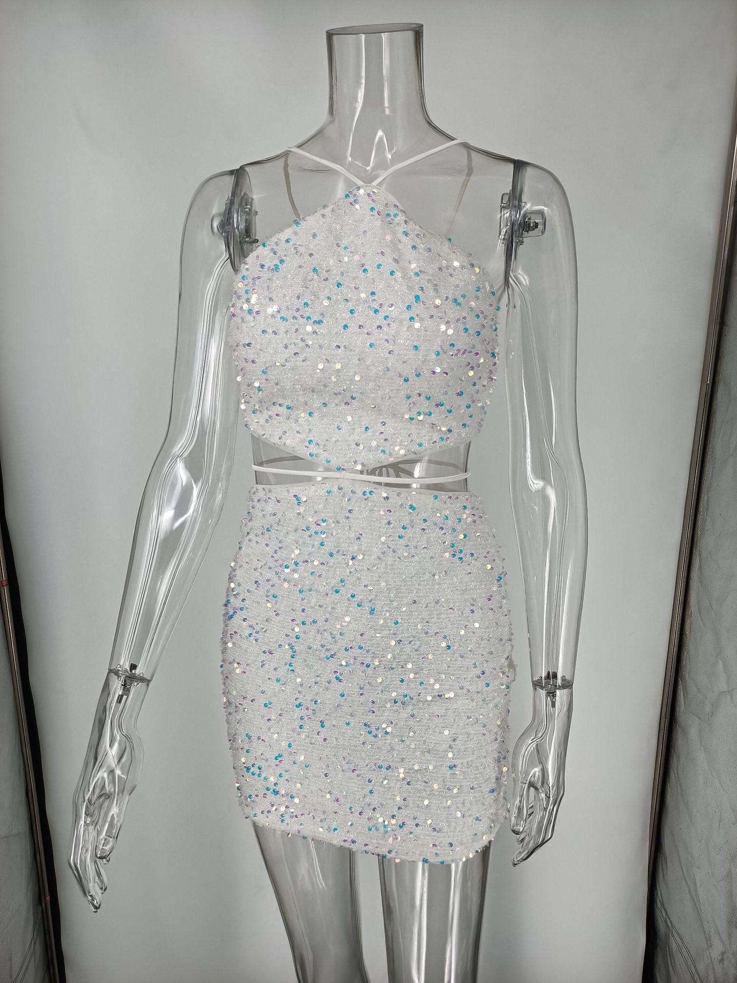 White Sequined Halter Cut Out Mini Dress