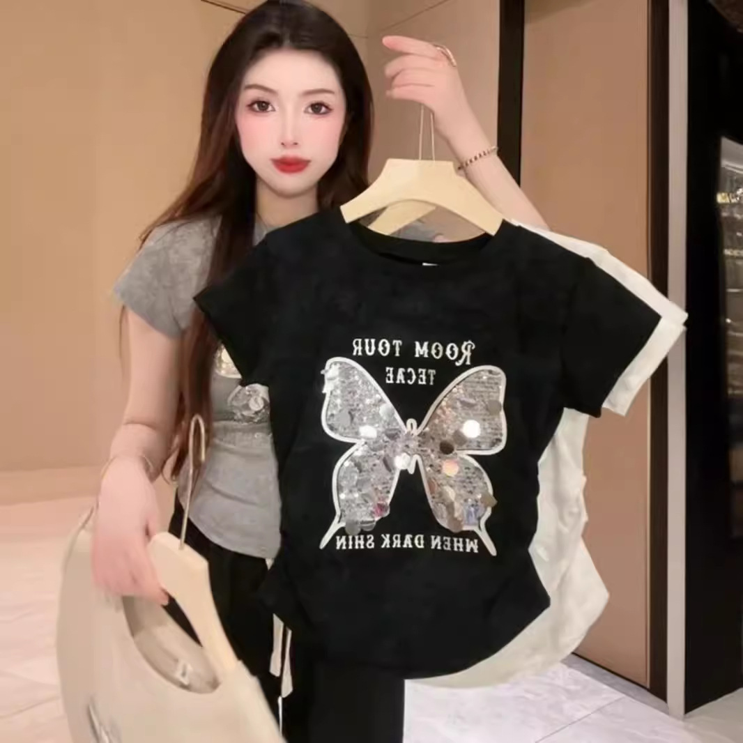 Camiseta de hombro de manga corta de mariposa con lentejuelas para mujer 2024 verano nuevo estilo moda casual pliegues cintura delgada para mujer image 3