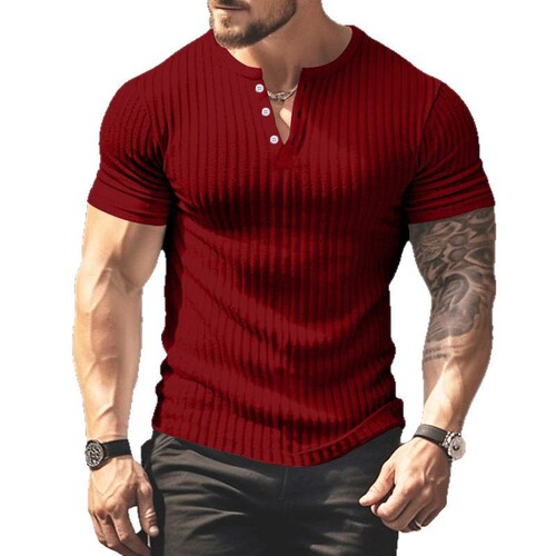2025 European and American Solid-Color Summer New All-Match Men's T-Shirt Amazon Henley Shirt Casual Knitted Short-Sleeved T-Shirt for Men