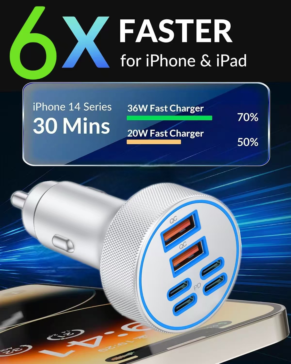 Cross-border one-to-four aluminum alloy super fast charging dual PD30W dual QC cigarette lighter car mobile phone charger factory