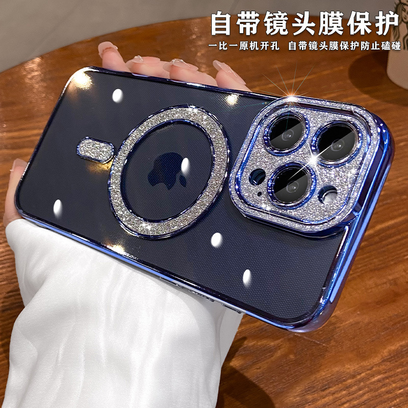 Lente de diamante flash simple y transparente para iphone15 magnético 16ProMax Apple 14 funda para teléfono móvil 13 hombres y mujeres 16