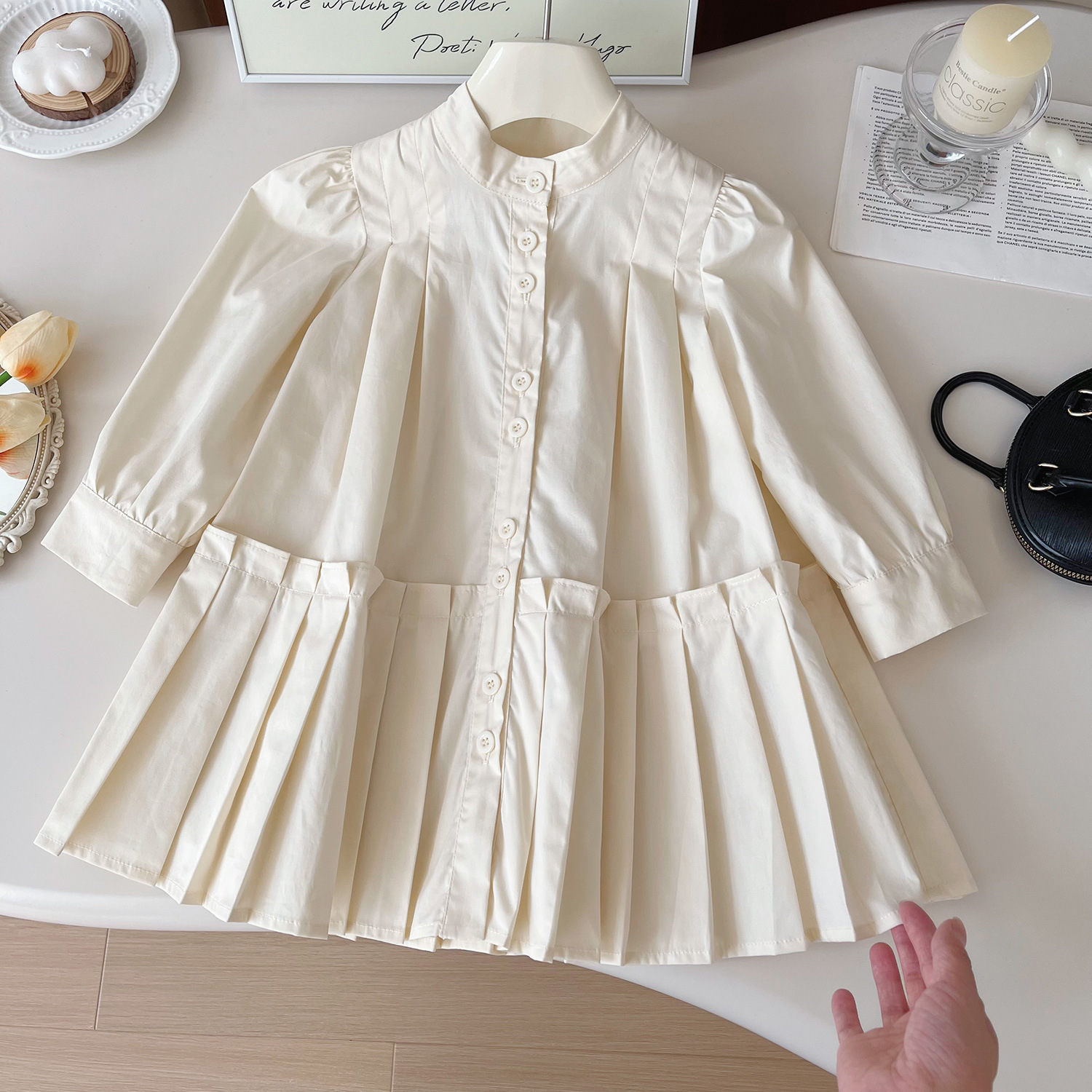 Mädchen Kleid Mit Langarm Plissee Rock In Einfarbigem Design_voghion.com