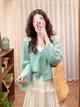 薄荷曼波绿色马海毛镂空针织开衫女春夏宽松外搭毛衣披肩罩衫外套