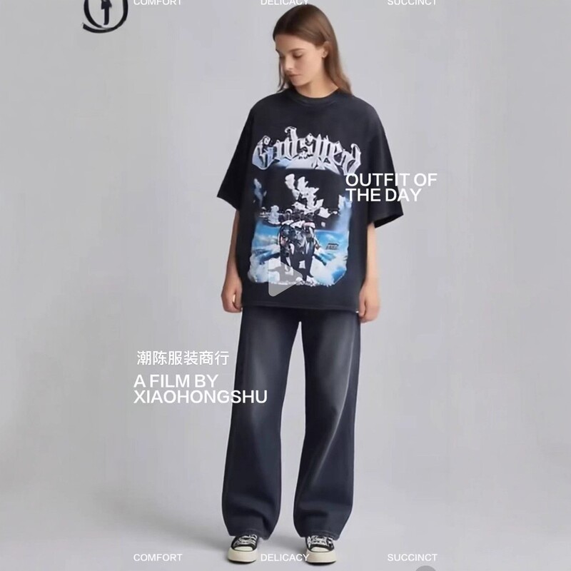Cross-Border Export Wholesale American Fashion Godspeed Double Yarn Pure Cotton Printed Round Neck Short-Sleeved T-Shirt for Men and Women Cross-Border Export Wholesale American Fashion Godspeed Double Yarn Pure Cotton Printed Round Neck Short-Sleeved T-Shirt for Men and Women