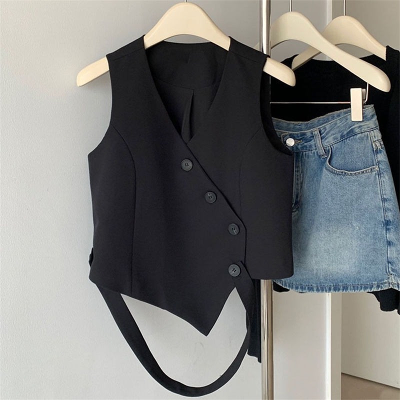 Irregular Stylish Black Suit Vest for Women, 2026 New Summer Short Vest for Outerwear