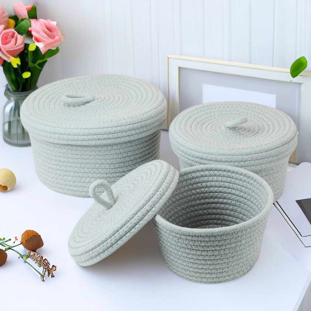Desk Storage Basket with Lid Dustproof Makeup Snack Round Cotton Rope Storage Bin Organizer