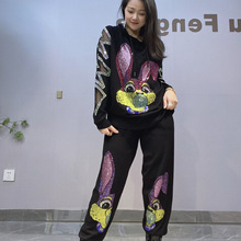 大码女装秋装2023 欧货重工烫钻套装女 长袖长裤针织衫两件套包邮